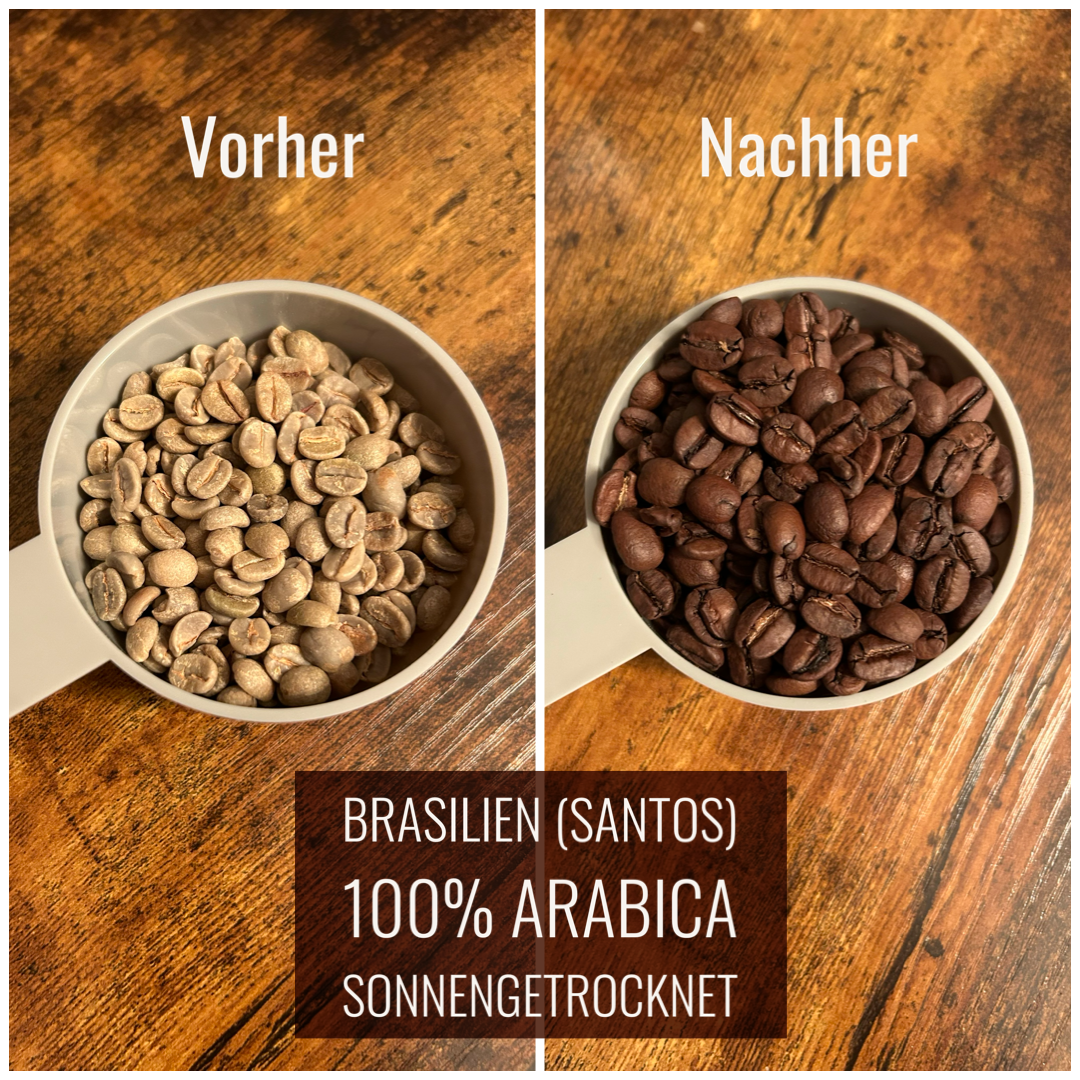Rohkaffee vor und nach der Röstung – Brasilien Santos Arabica
